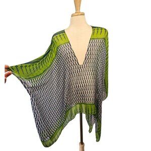 Roffe Sheer Viscose Butterfly Poncho Top Women OS Swim Cover Up Blue Green VNeck